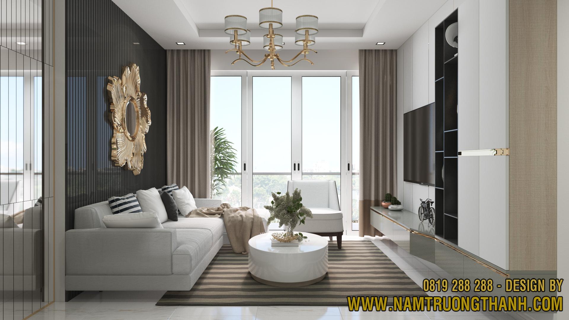thiết kế phòng khách căn hộ với tủ TV âm tường và cửa kính lớn đón sáng