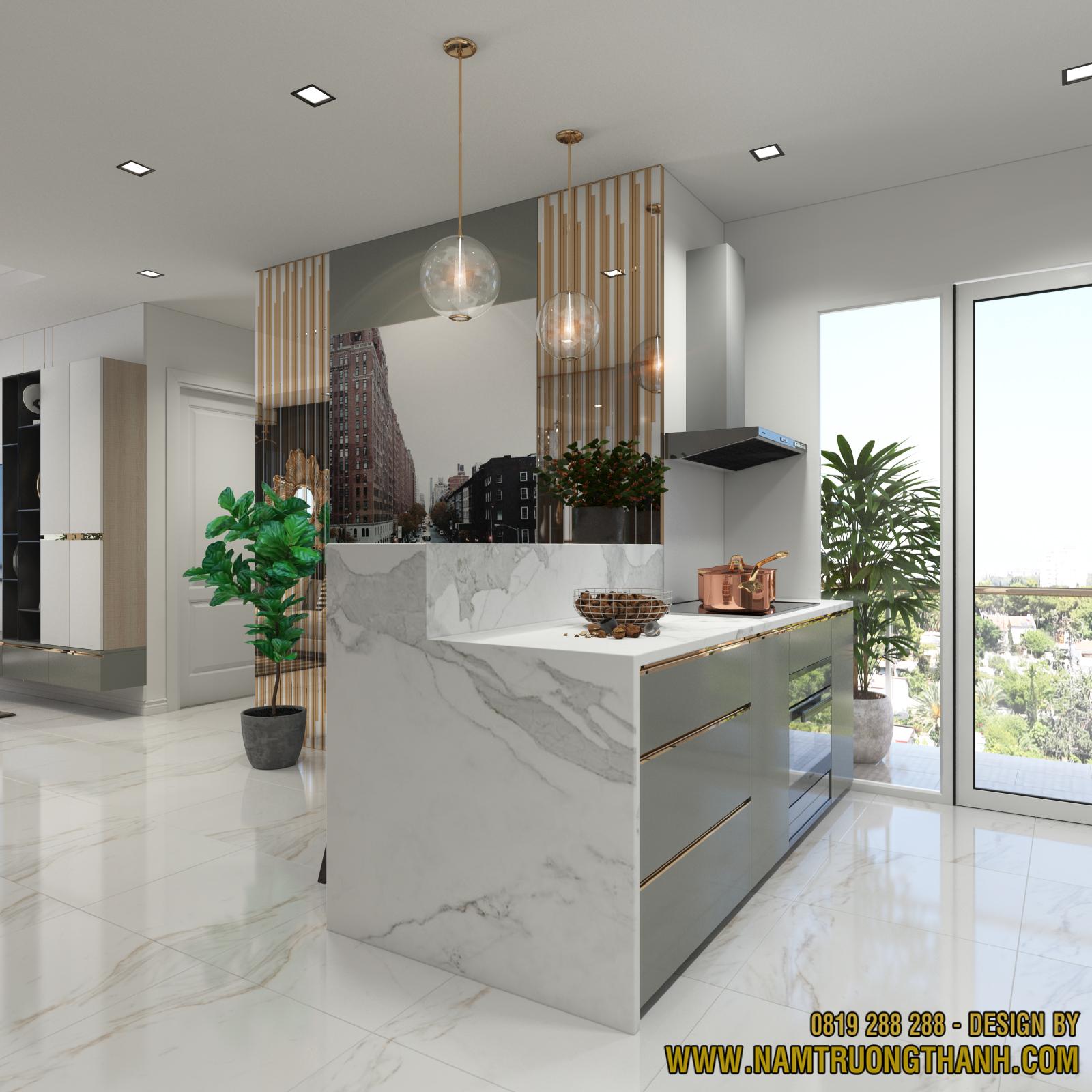 thiết kế bếp căn hộ với tủ bếp hiện đại, đèn thả thủy tinh và ánh sáng tự nhiên