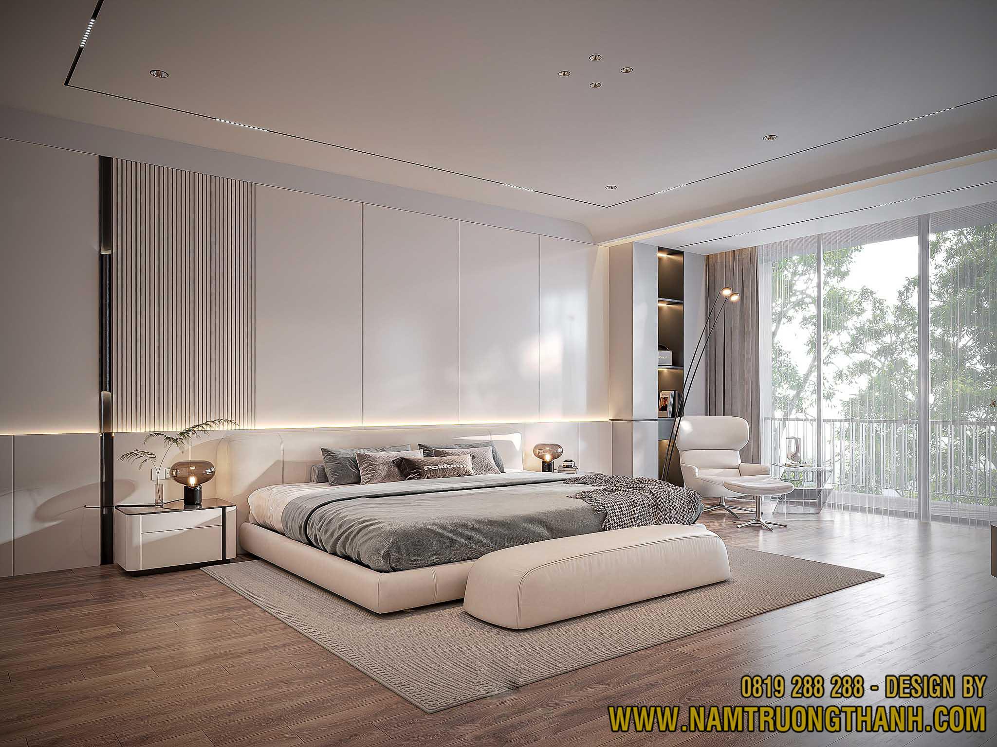 Thiết kế nội thất phòng ngủ master hiện đại, tối giản, sang trọng.