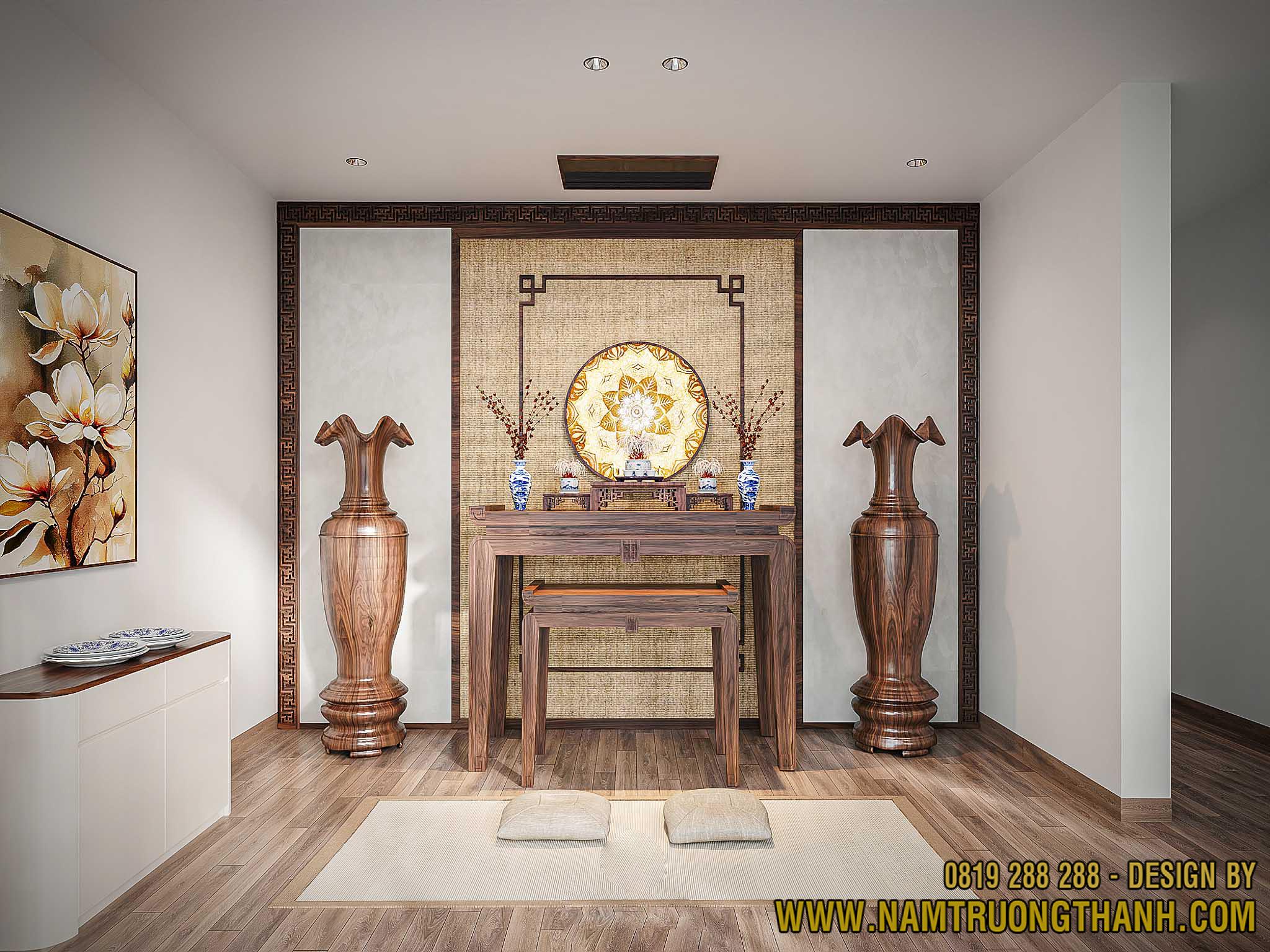 Thiết kế nội thất phòng thờ trang nghiêm, hiện đại, truyền thống.