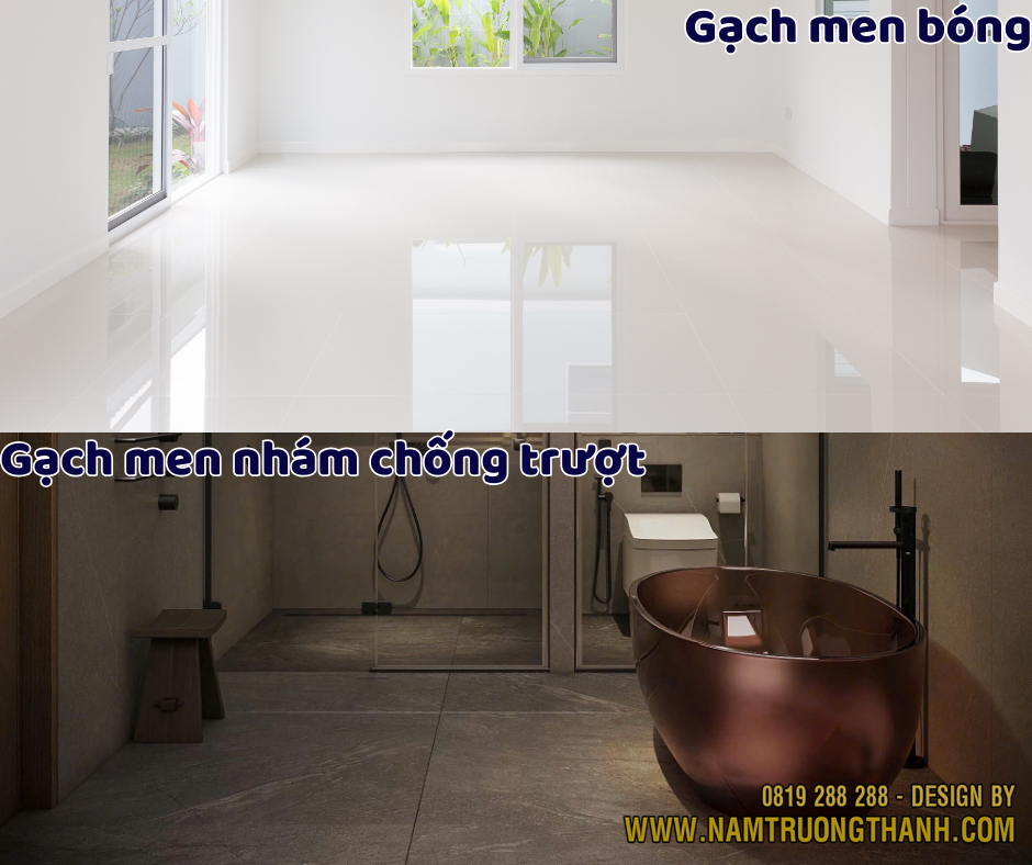 So sánh gạch men bóng và gạch men nhám chống trượt trong thi công nhà ở.
